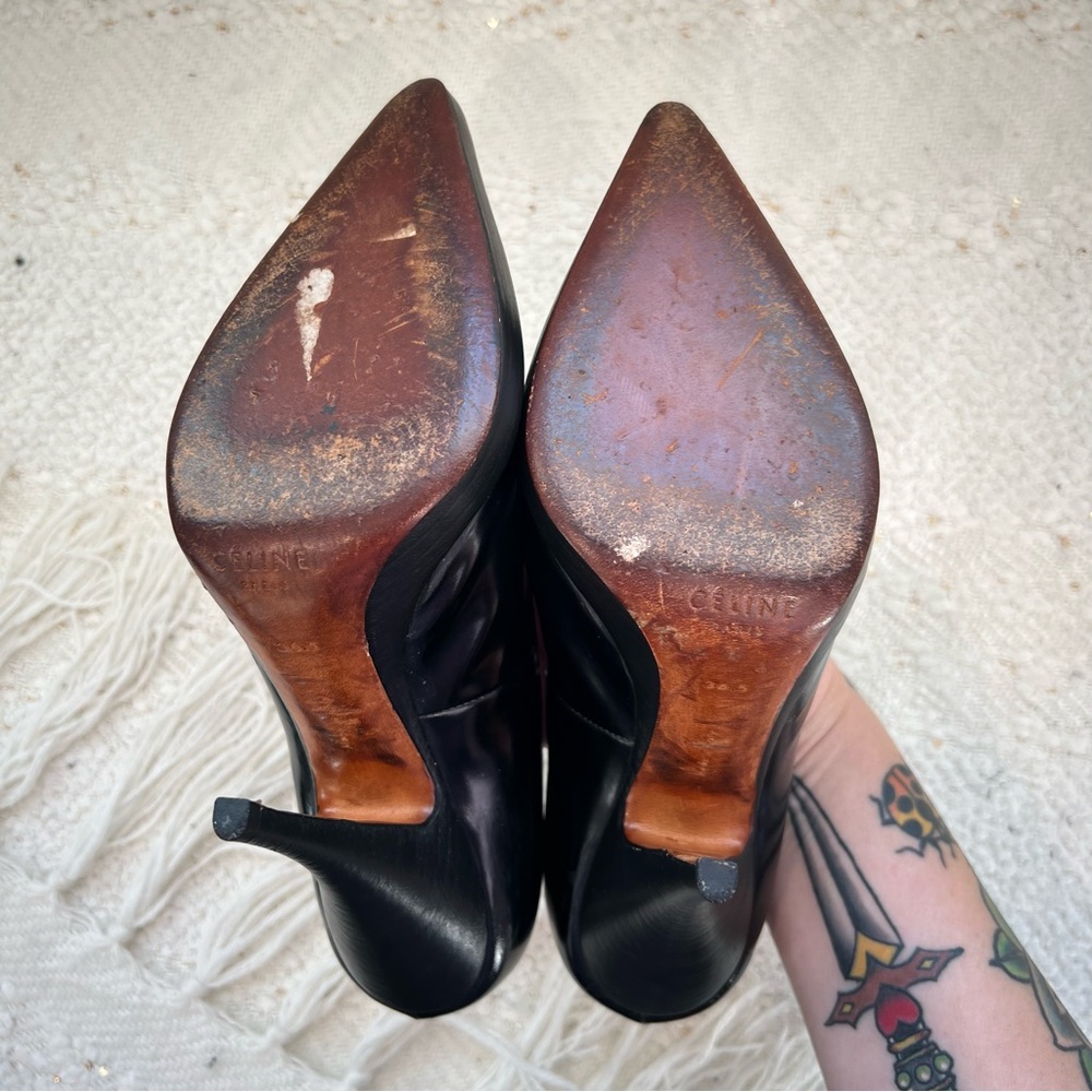 CELINE Heels Black Patent Leather Pointed Toe Platform High Heel Pumps 36.5/ 6.5 - Picture 9 of 15